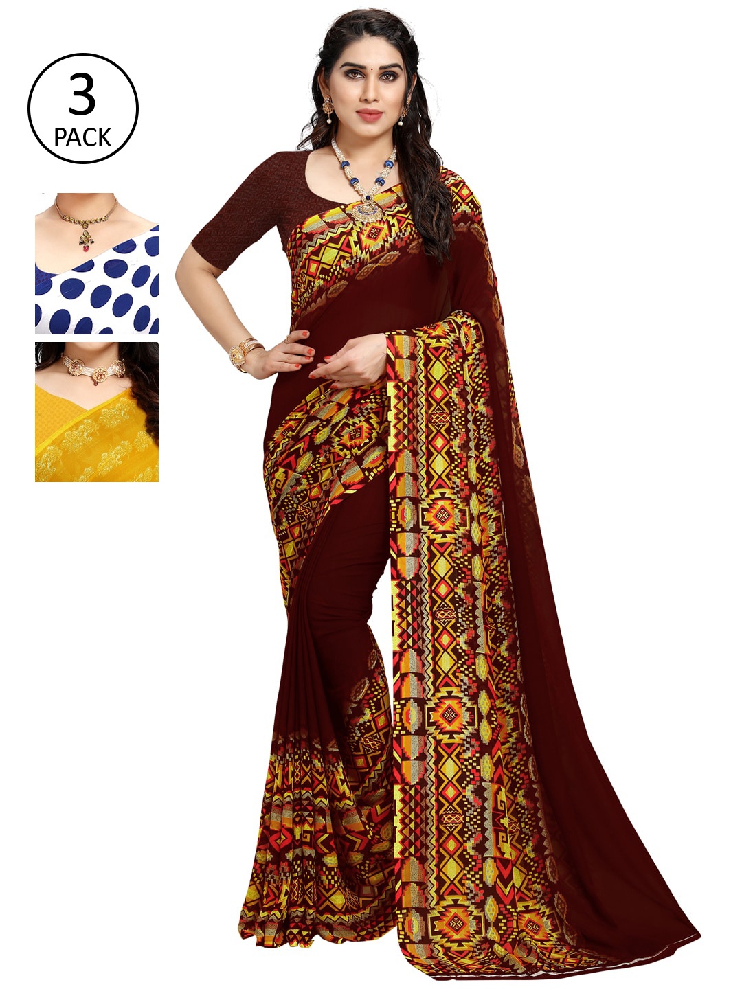 

KALINI Pack of 3 Poly Georgette Printed Sarees, Coffee brown
