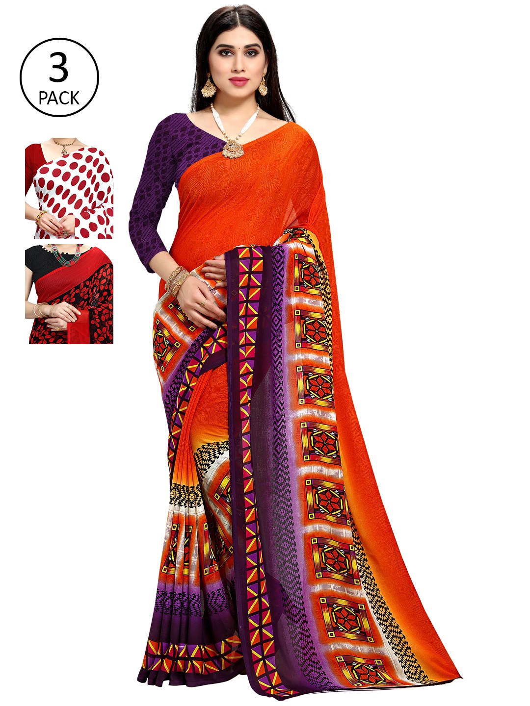 

KALINI Pack of 3 Poly Georgette Saree, Orange