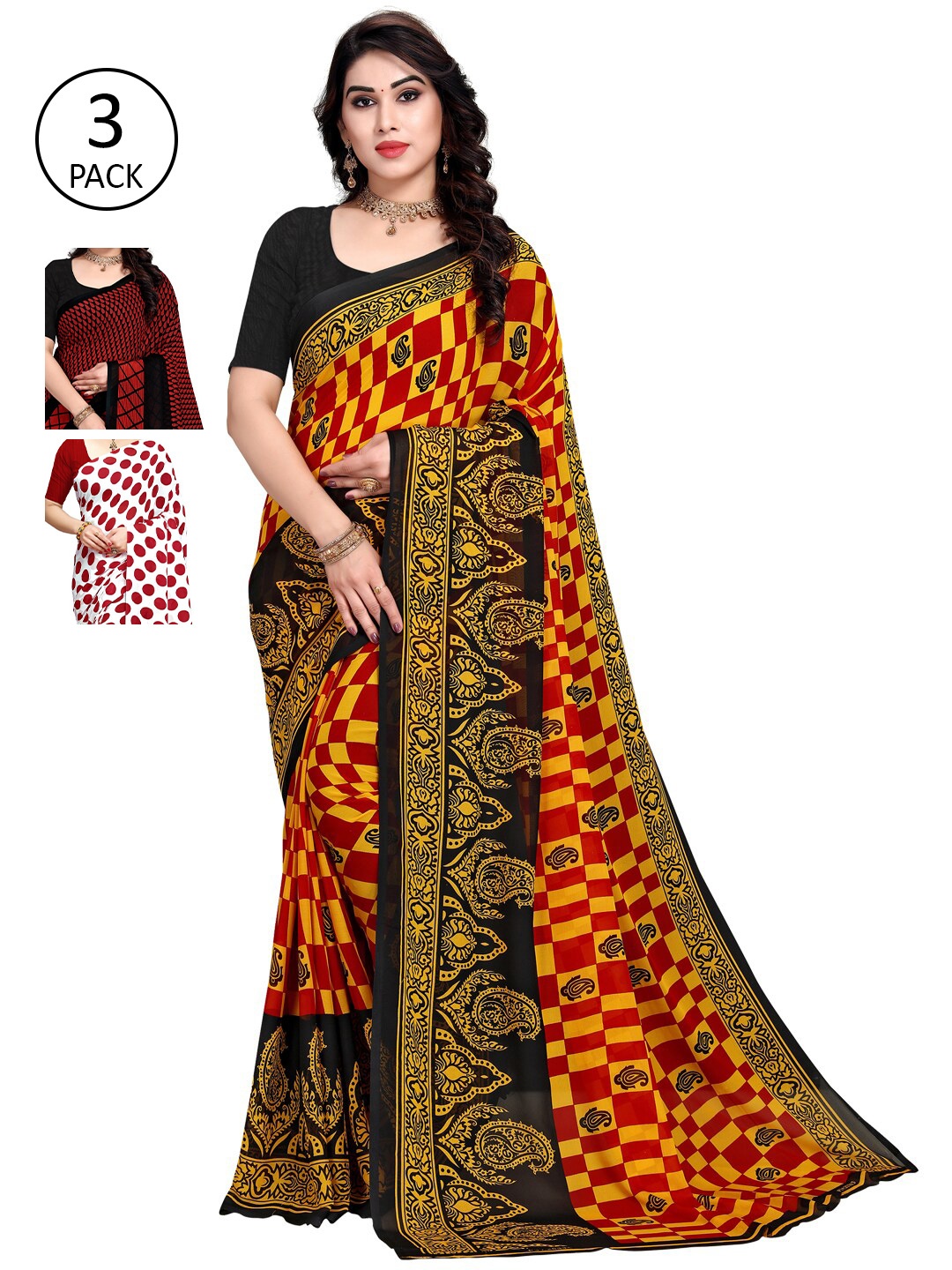 

KALINI Pack Of 3 Printed Saree, Red