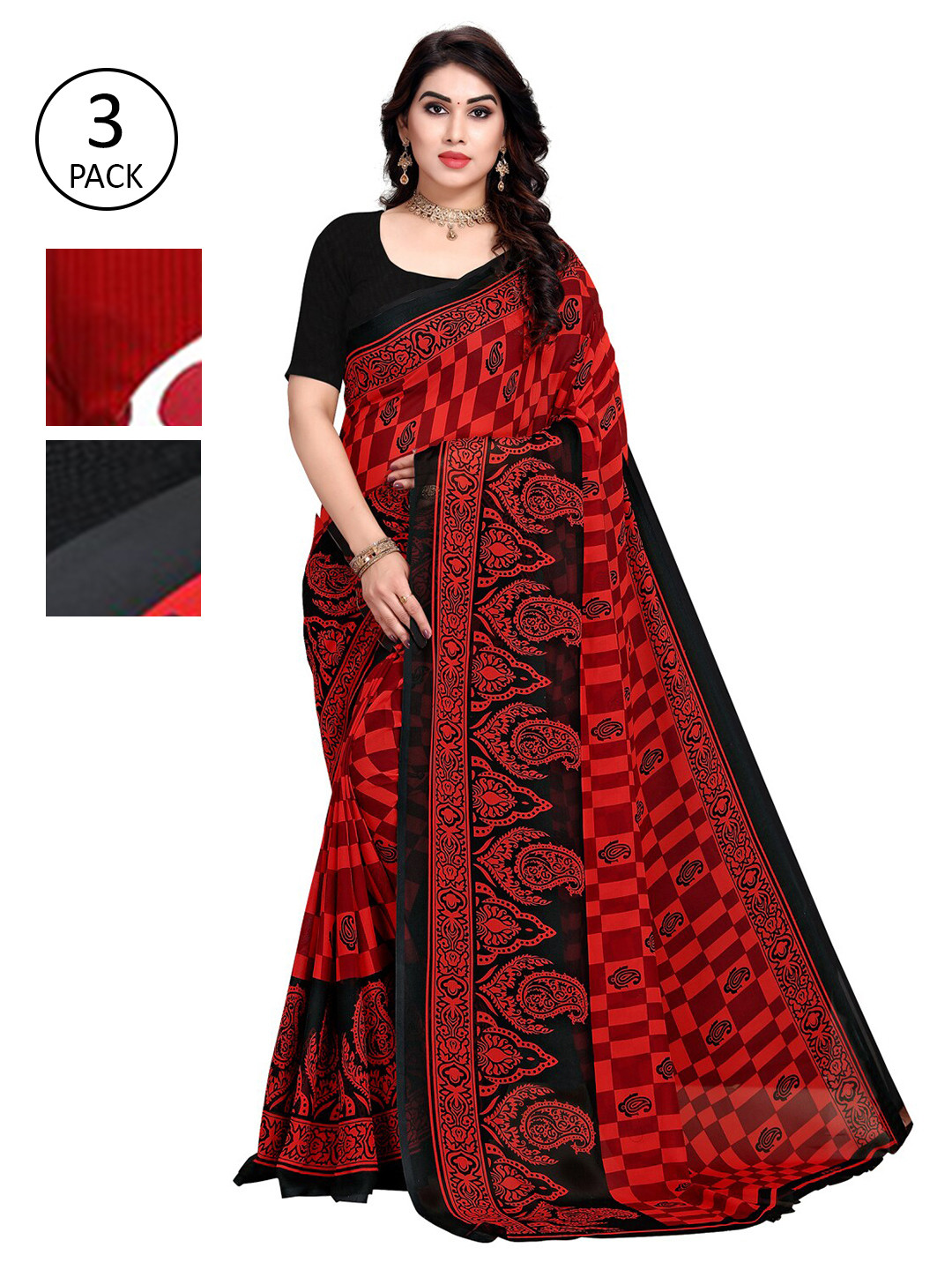 

Kalini Multicolor Georgette Printed Daily Wear Saree With Unstitched Blouse(Pack of 3), White
