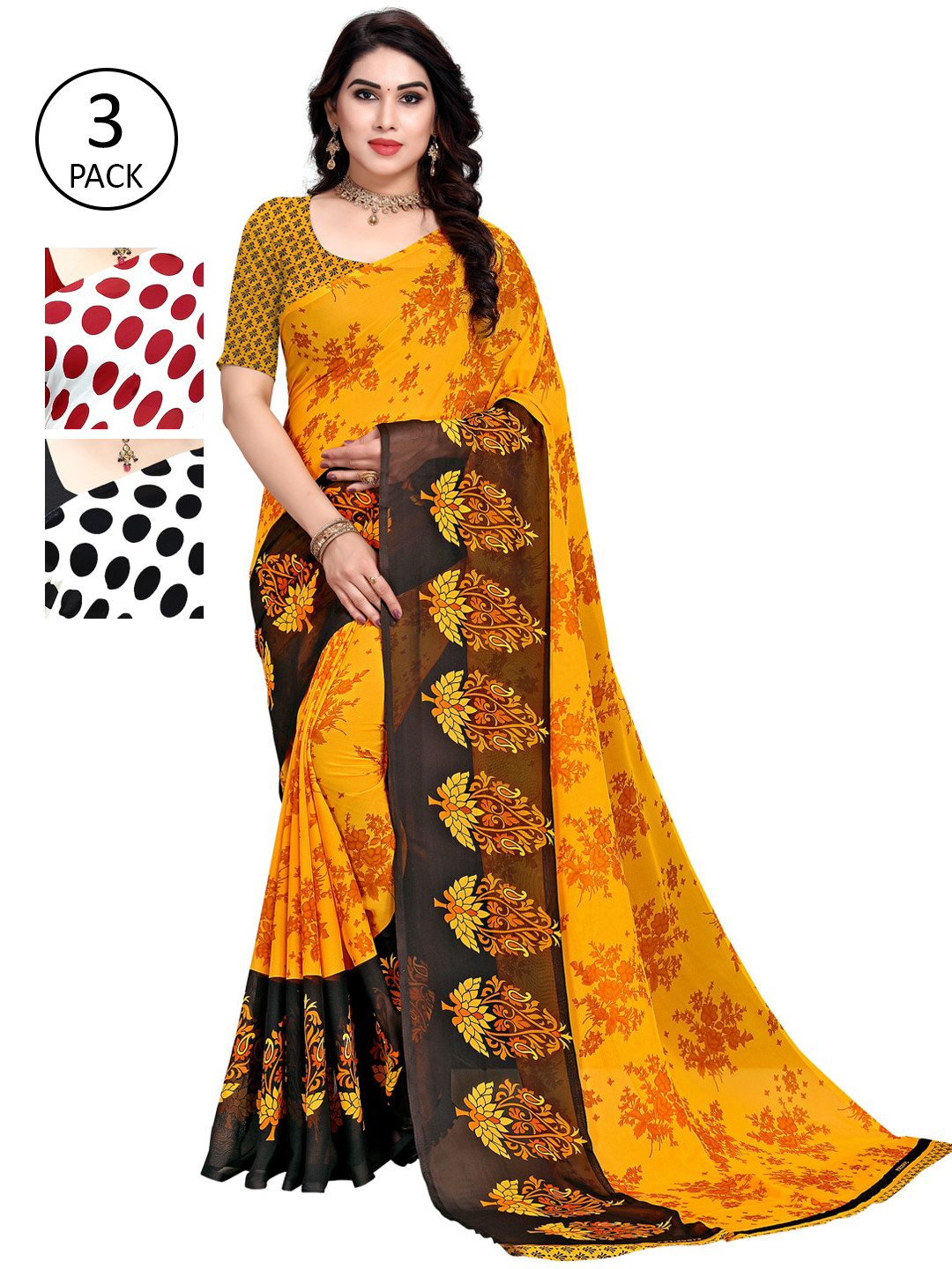 

KALINI Pack of 3 Poly Georgette Sarees, White