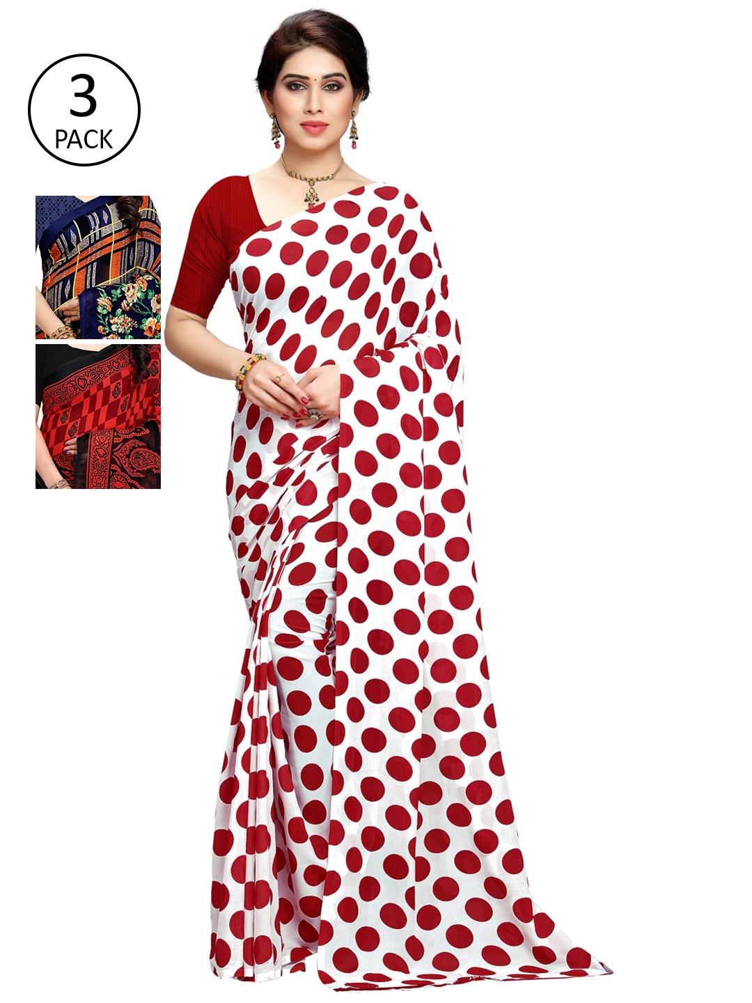 

KALINI Pack Of 3 Multicoloured Printed Sarees, Red