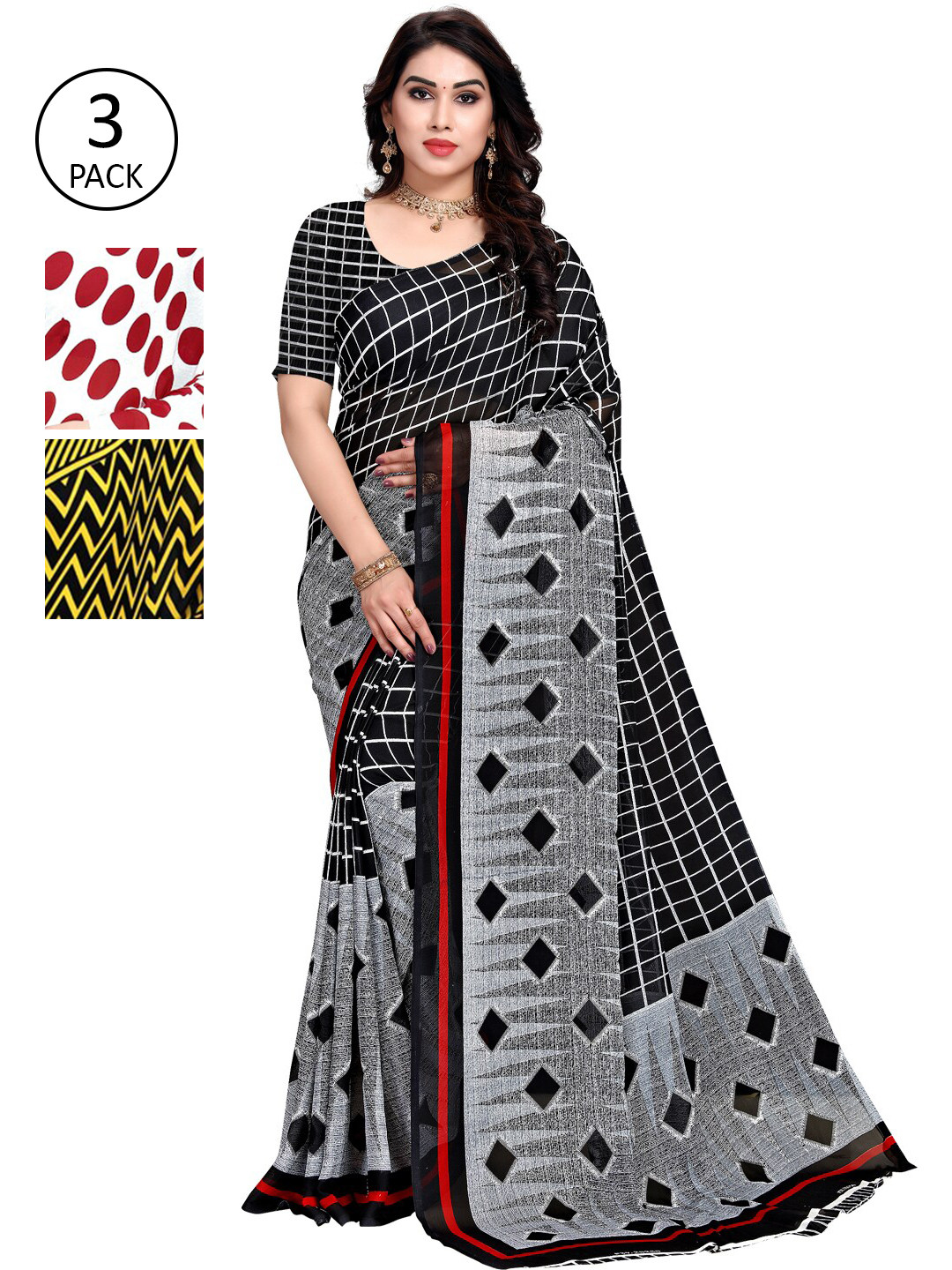 

ANAND SAREES Pack of 3 Poly Georgette Printed Sarees, Red