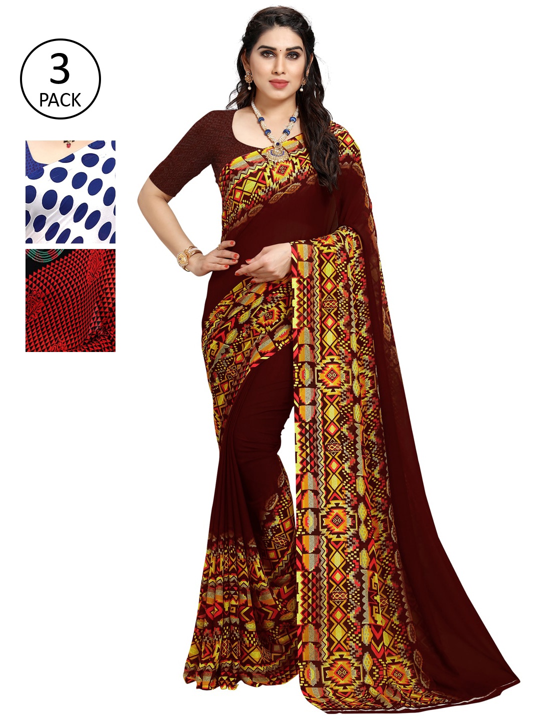

KALINI Pack of 3 Poly Georgette Printed Sarees, White