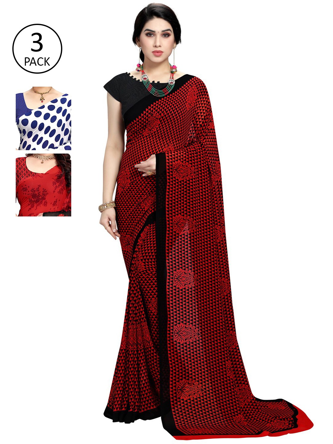 

KALINI Set of 3 Black , Blue & Red Printed Sarees