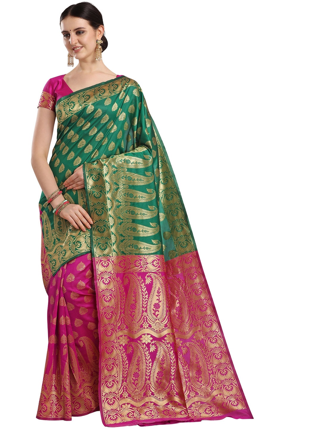 

KALINI Green & Pink Paisley Zari Silk Blend Banarasi Saree