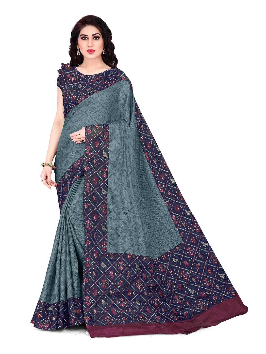 

KALINI Blue & Maroon Embellished Supernet Saree