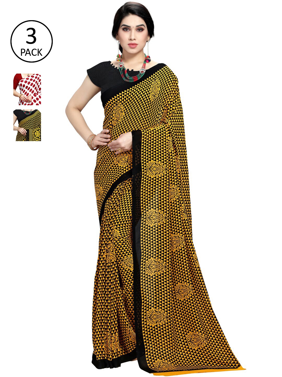 

ANAND SAREES Pack of 3 Poly Georgette Printed Sarees, White