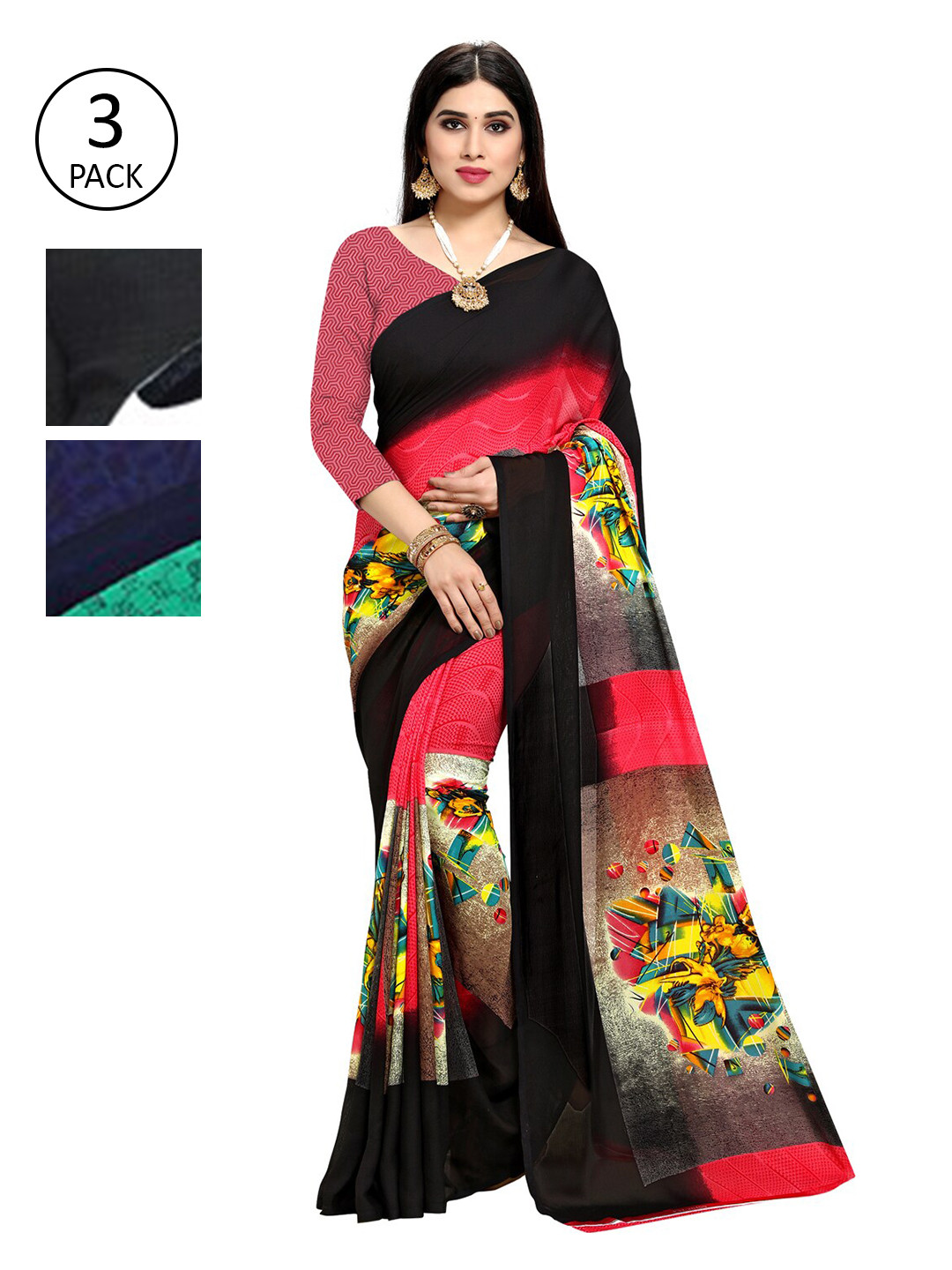 

KALINI Pack of 3 Poly Georgette Printed Sarees, White