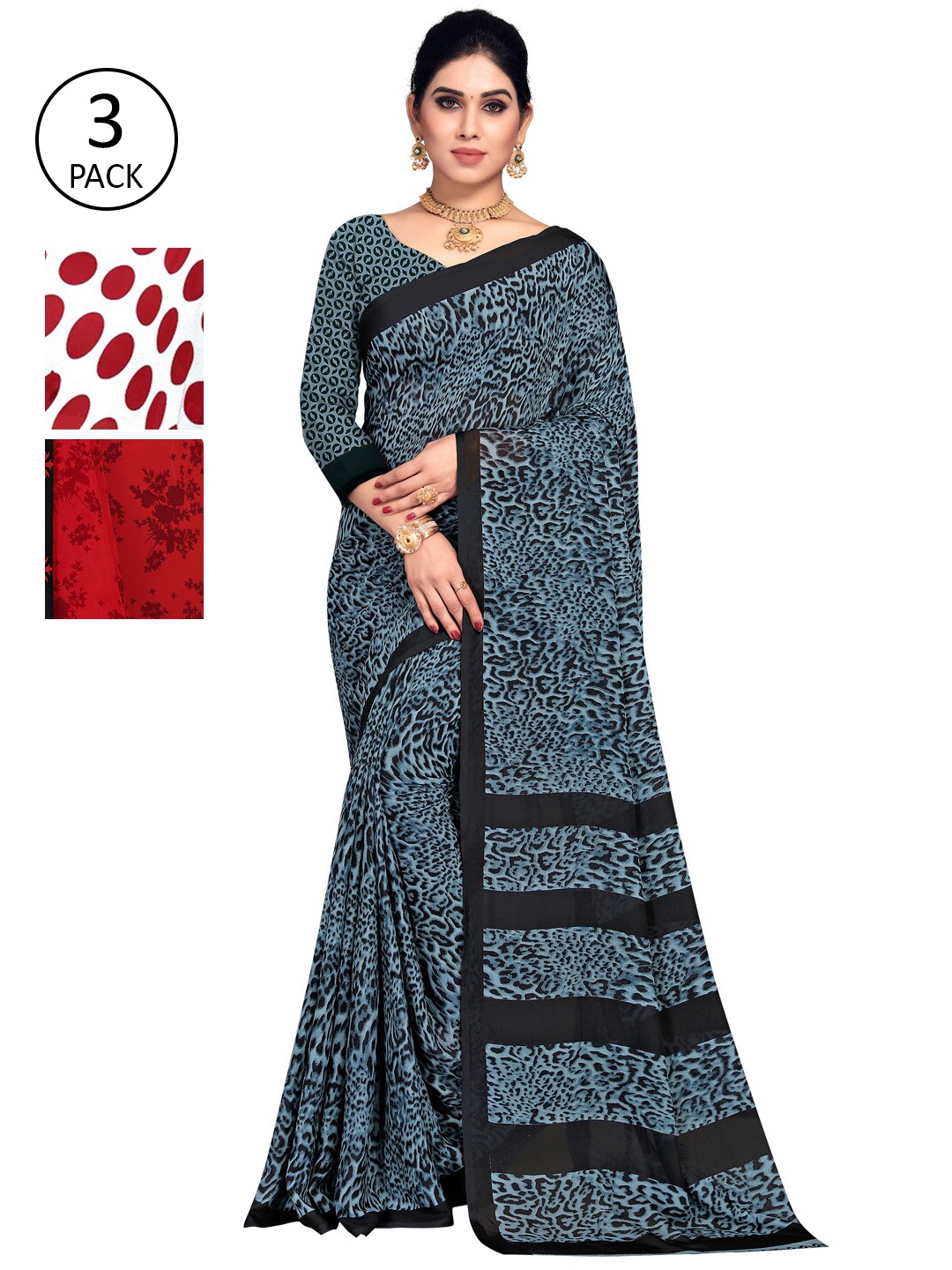 

KALINI Pack Of 3 Printed Saree, Red