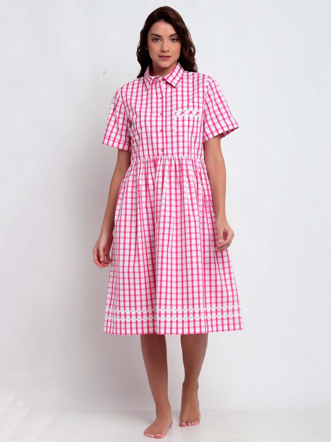 BLANC9 White & Pink Checked Nightdress