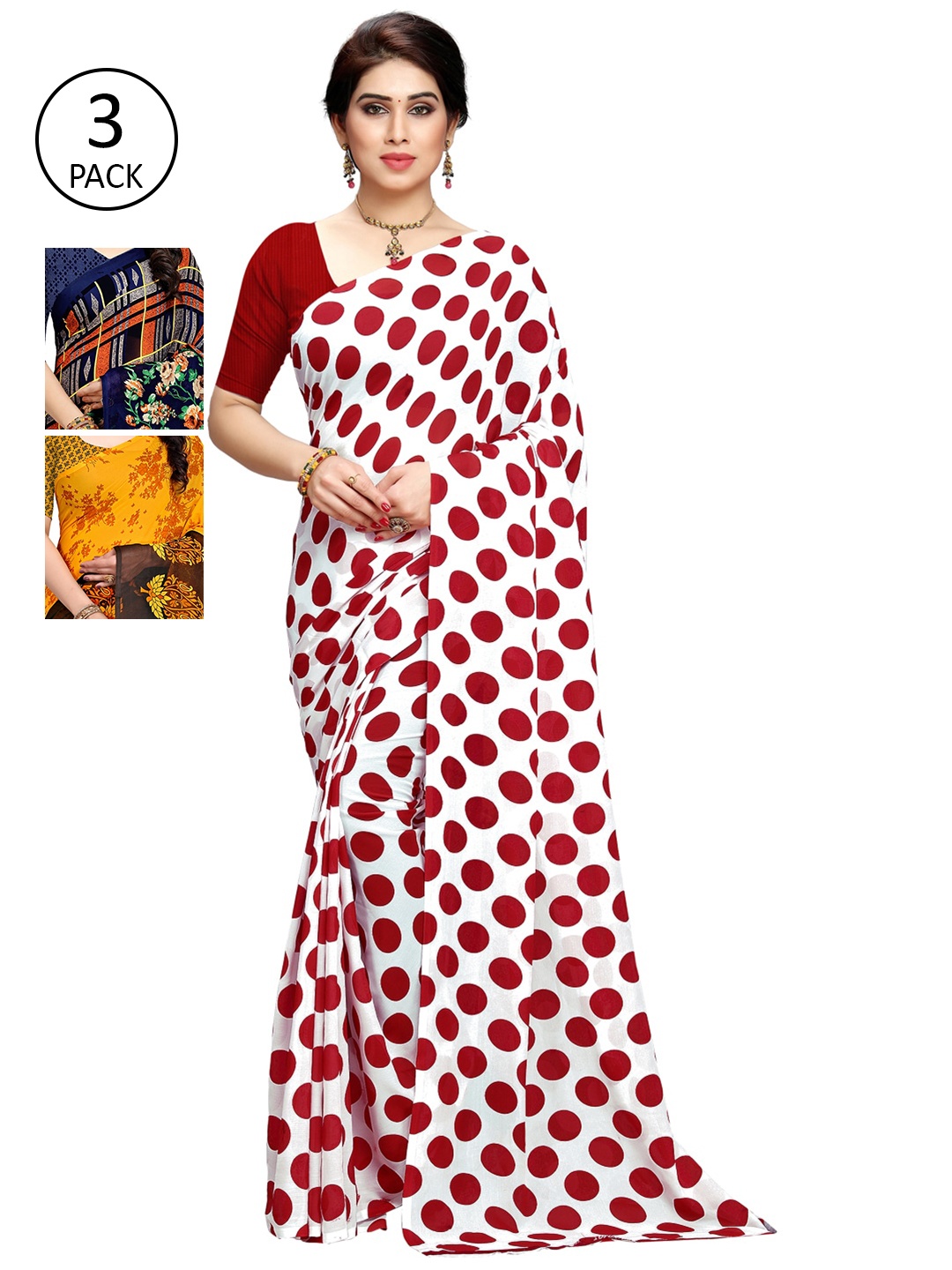 

KALINI Pack of 3 Printed Sarees, Navy blue