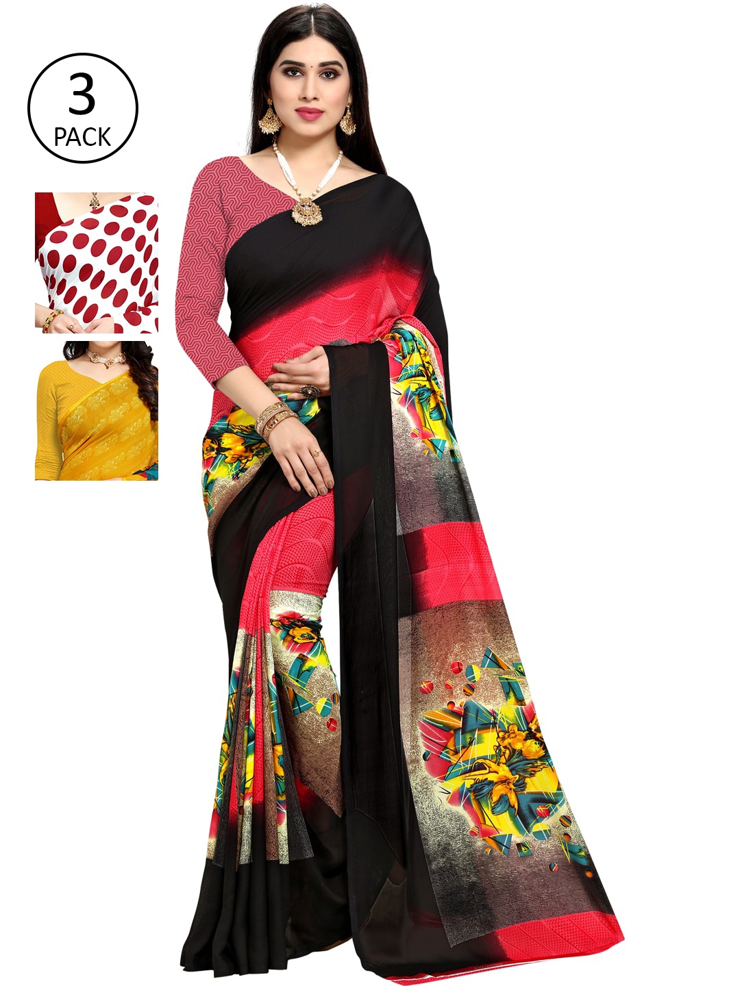 KALINI Pack of 3 Poly Georgette Sarees, White