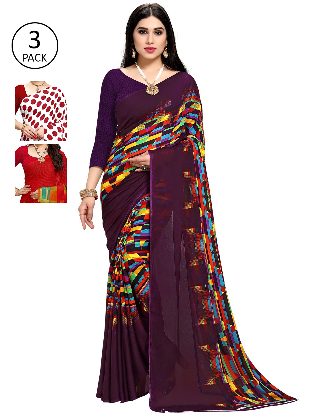 

KALINI Pack Of 3 Purple & Red Saree