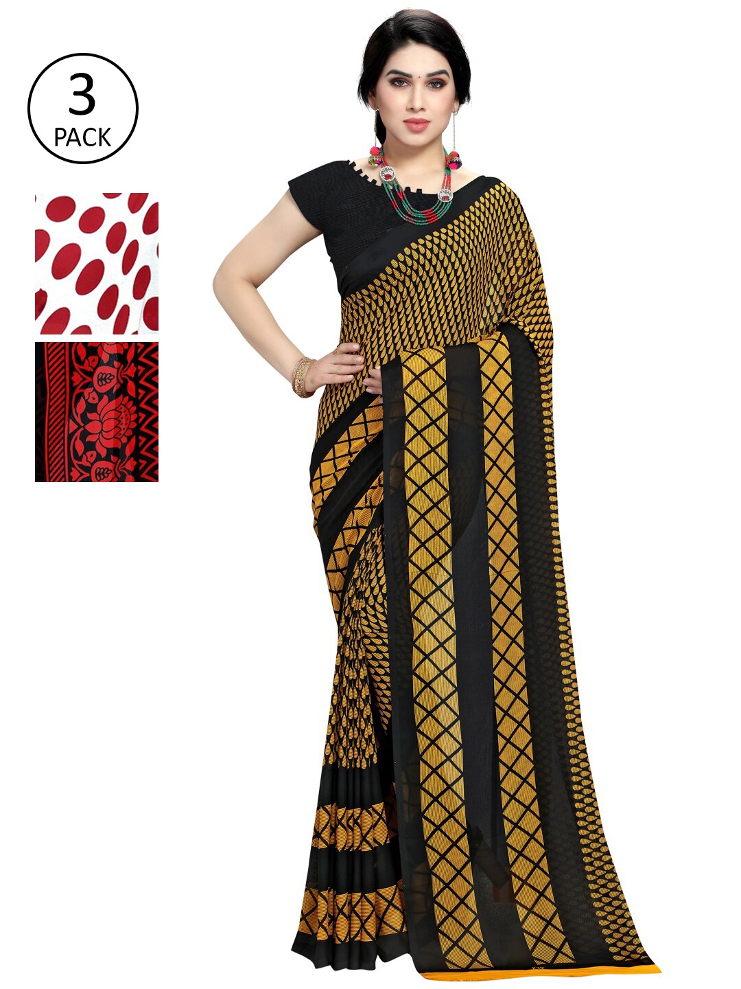 

Kalini Multicolor Georgette Printed Daily Wear Saree With Unstitched Blouse(Pack of 3), Mustard