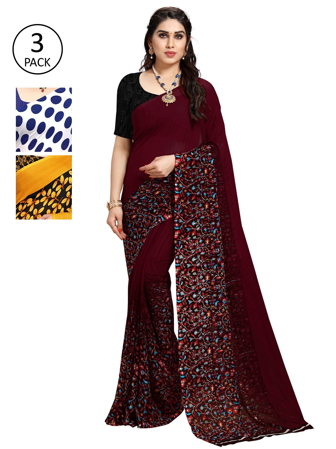 

KALINI Women Pack of 3 Printed Sarees, White