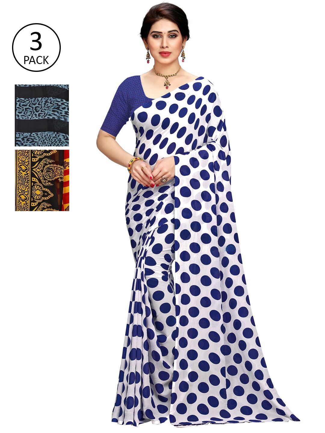 

KALINI Set of 3 White, Blue & Black Printed Sarees