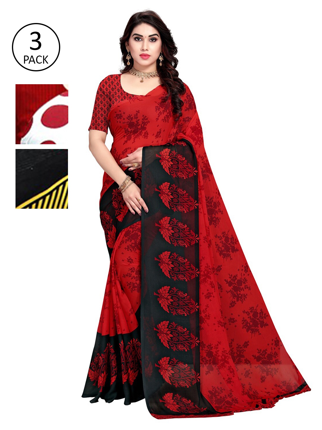 

KALINI Pack of 3 Poly Georgette Printed Sarees, White