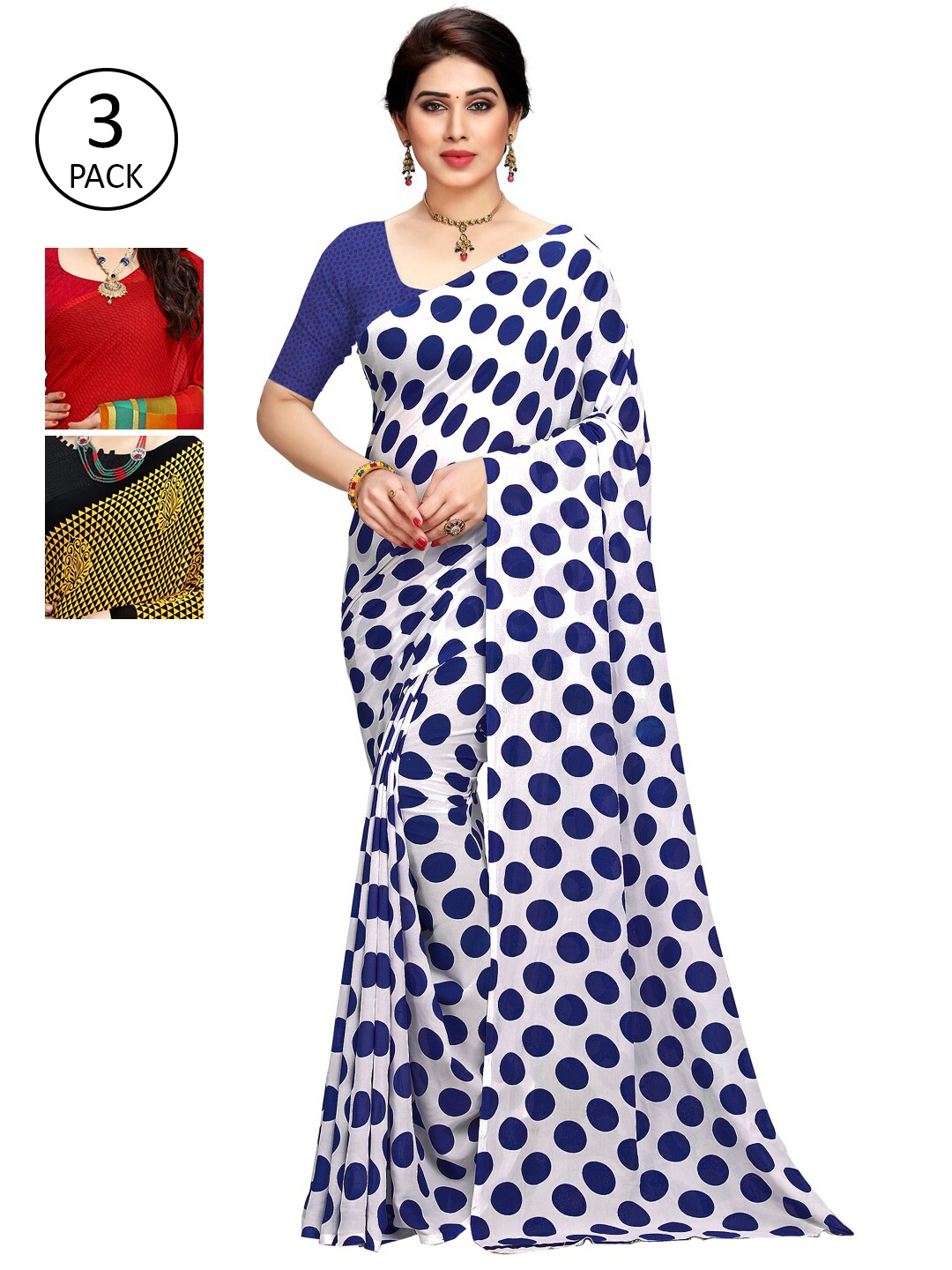 

KALINI Pack of 3 White & Red & Yellow Printed Sarees
