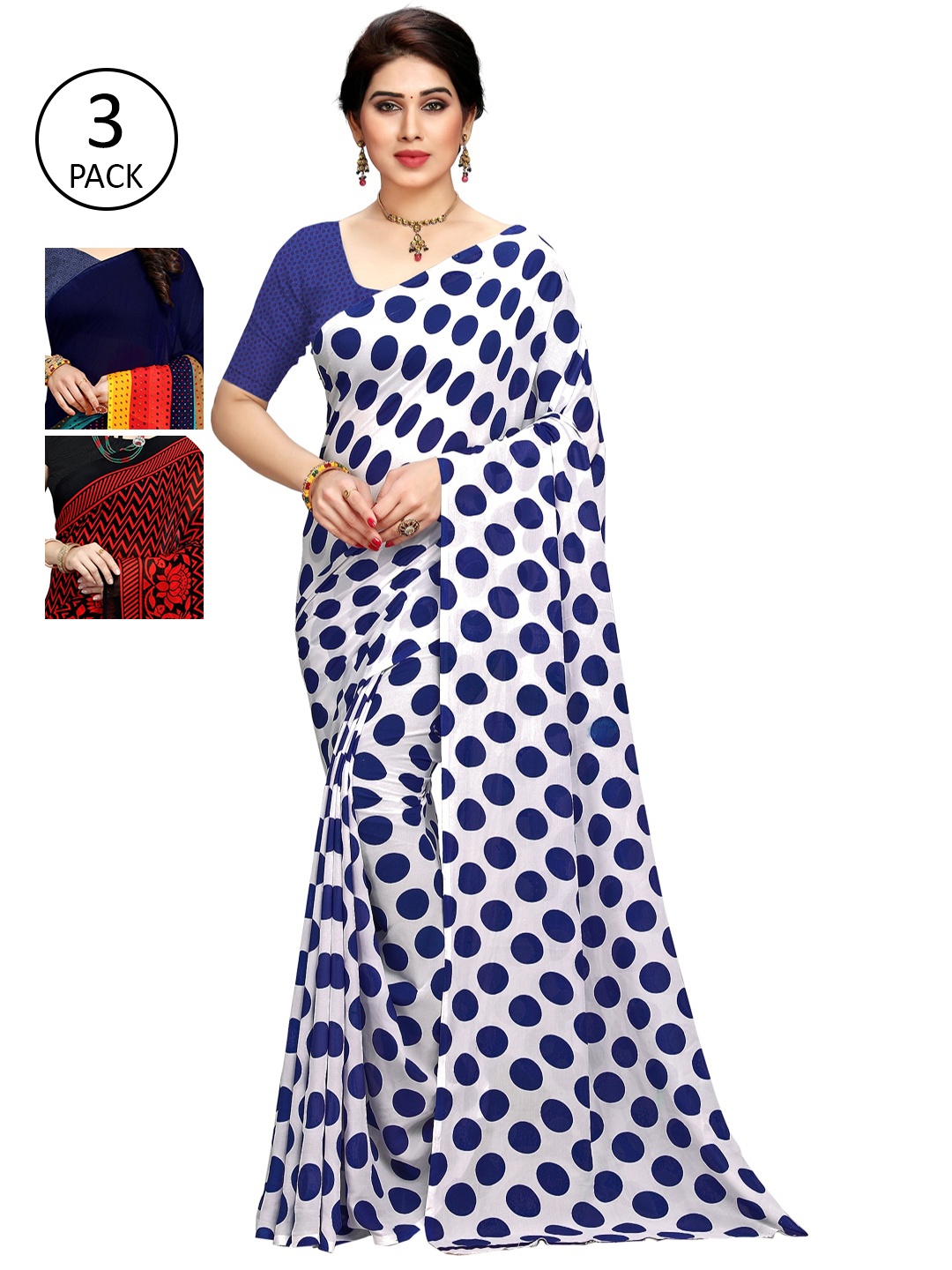 

KALINI Pack of 3 Printed Sarees with Unstitched Blouse Pieces, Multi