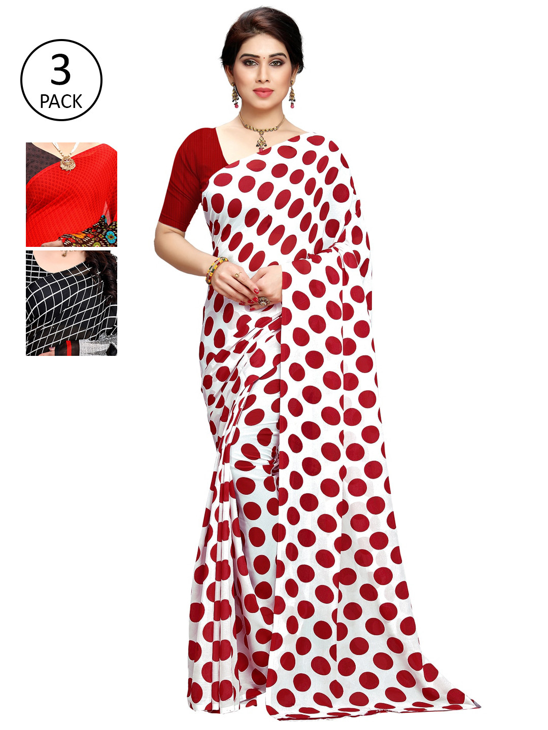

KALINI Pack Of 3 Printed Poly Georgette Sarees, White