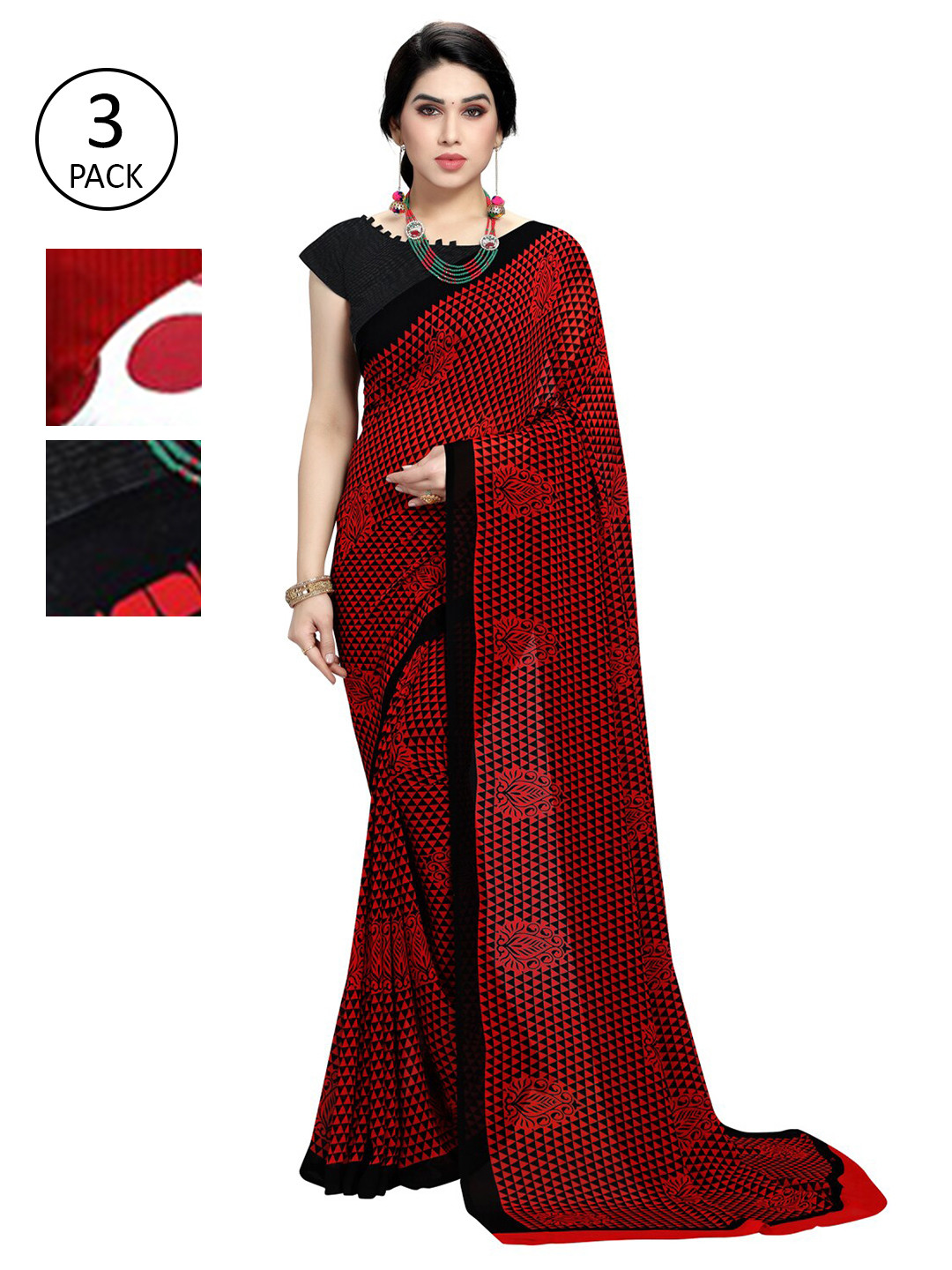

Kalini Multicolor Georgette Printed Daily Wear Saree With Unstitched Blouse(Pack of 3), Red