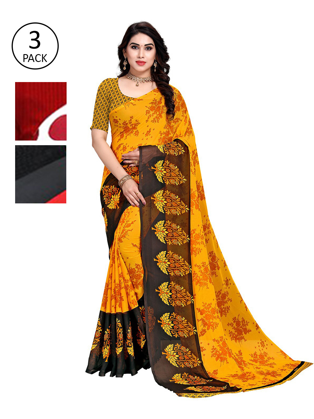 

KALINI Pack of 3 Printed Poly Georgette Daily Wear Sarees, Red