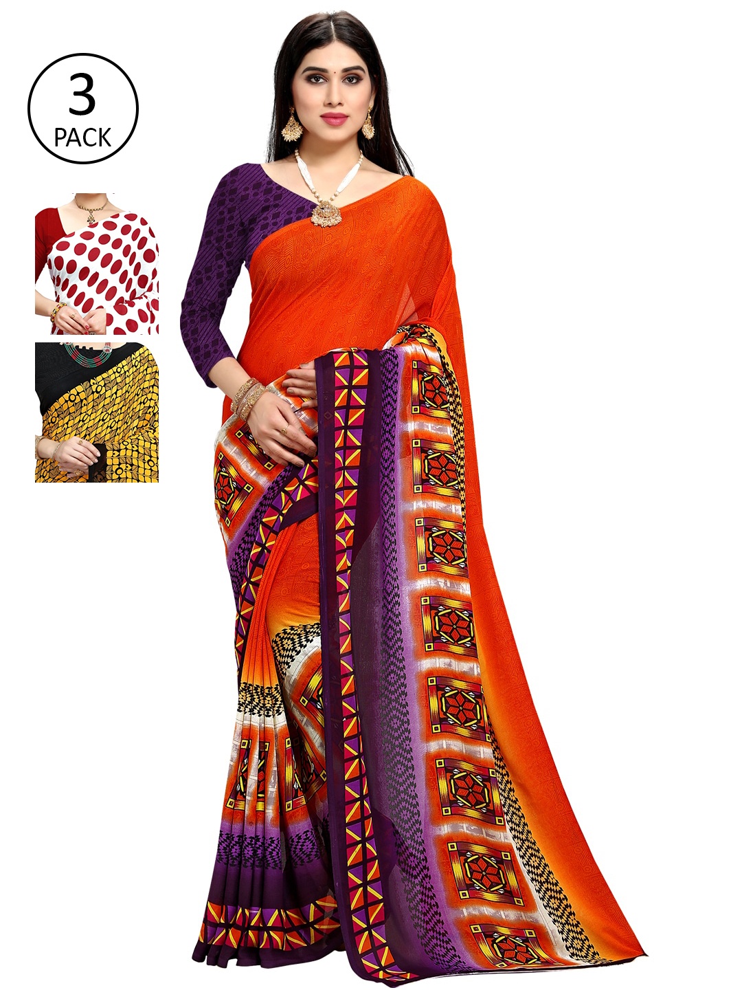 

KALINI Pack of 3 Poly Georgette Saree, White