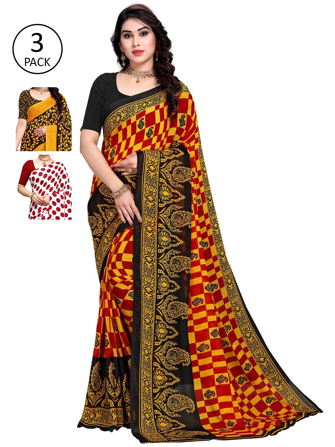 

KALINI Women Pack Of 3 Printed Saree, Red