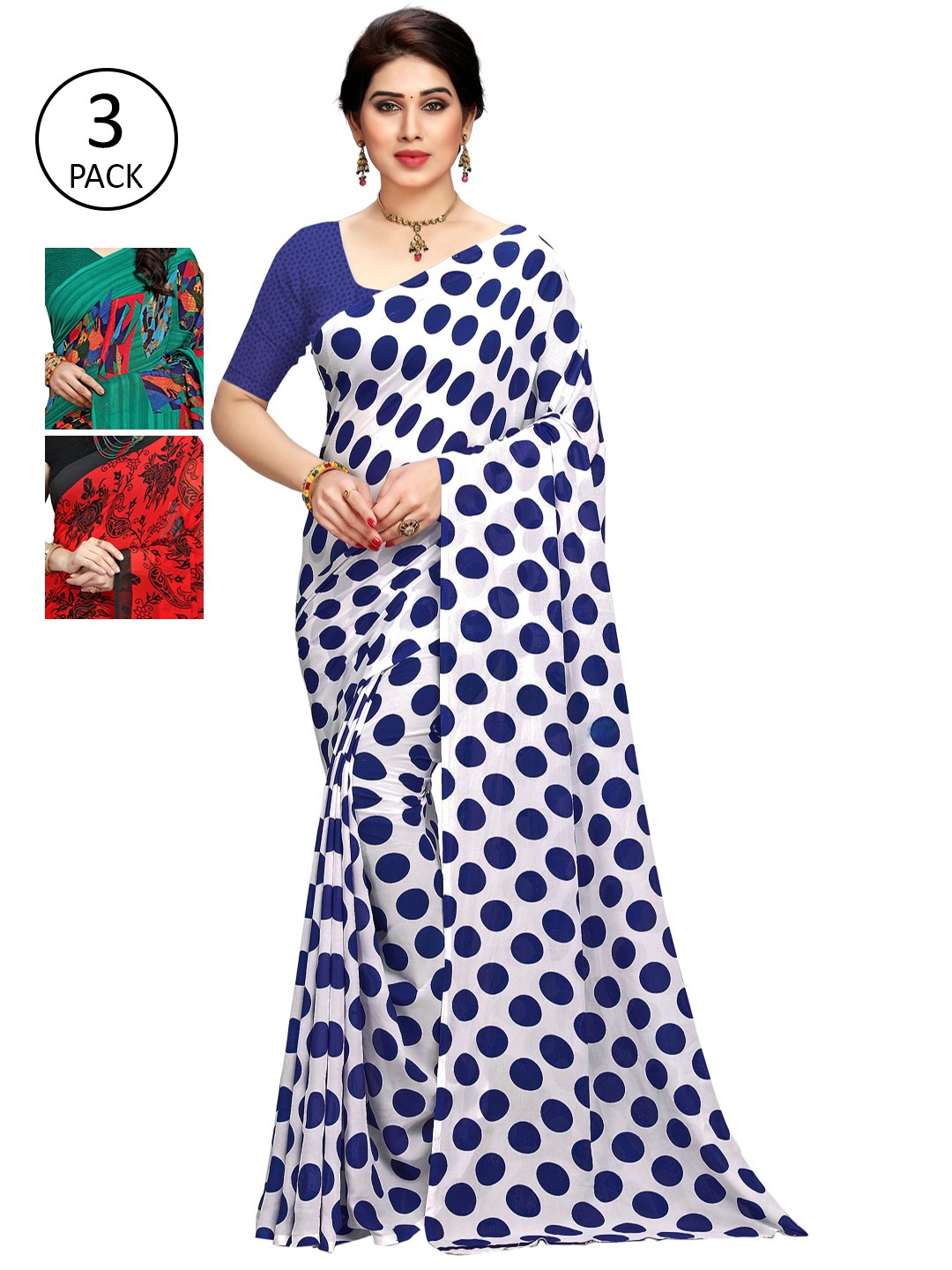 

KALINI Pack of 3 Printed Sarees with Unstitched Blouse Pieces, Multi