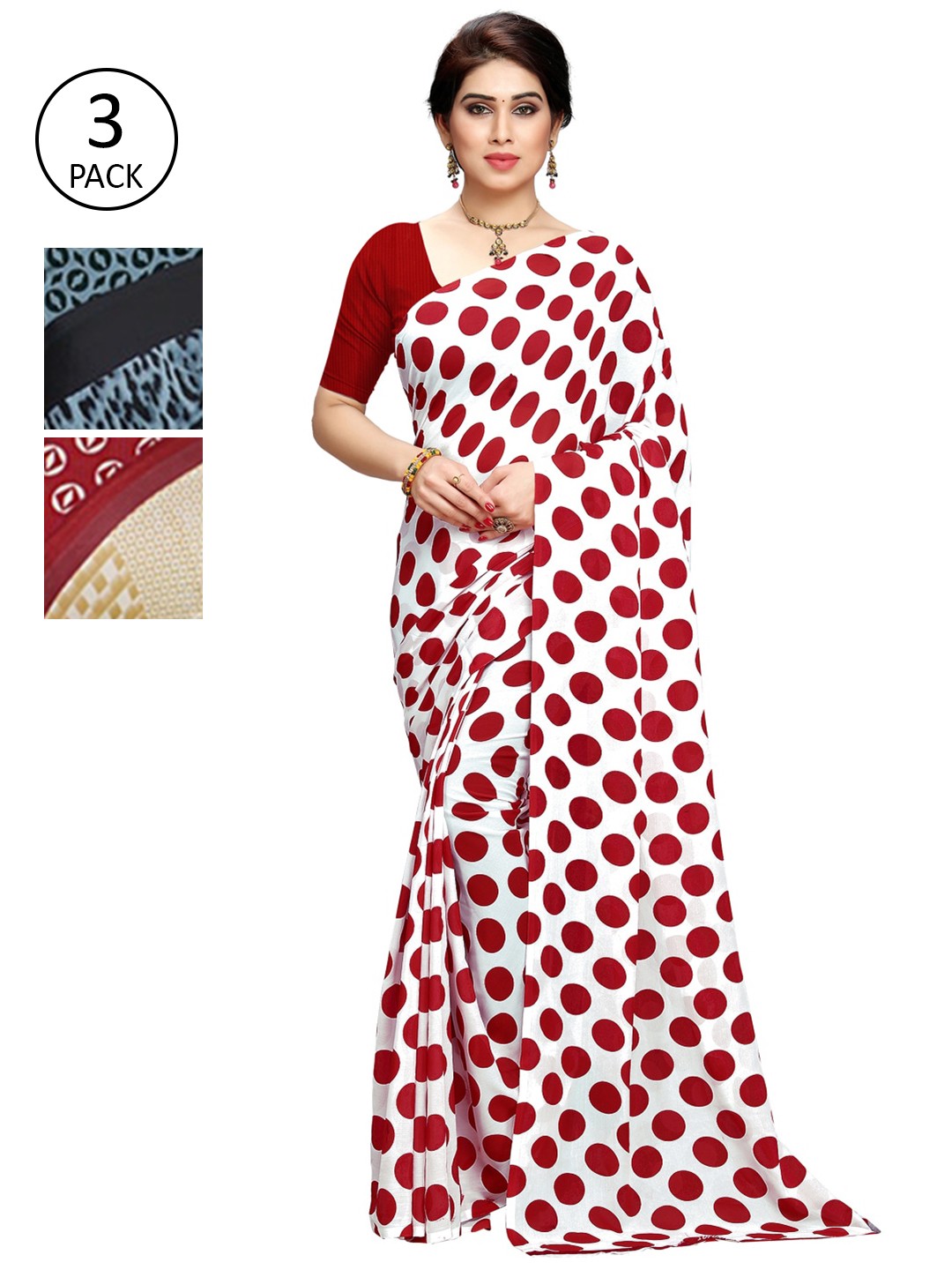 

KALINI Pack of 3 Poly Georgette Printed Sarees, White