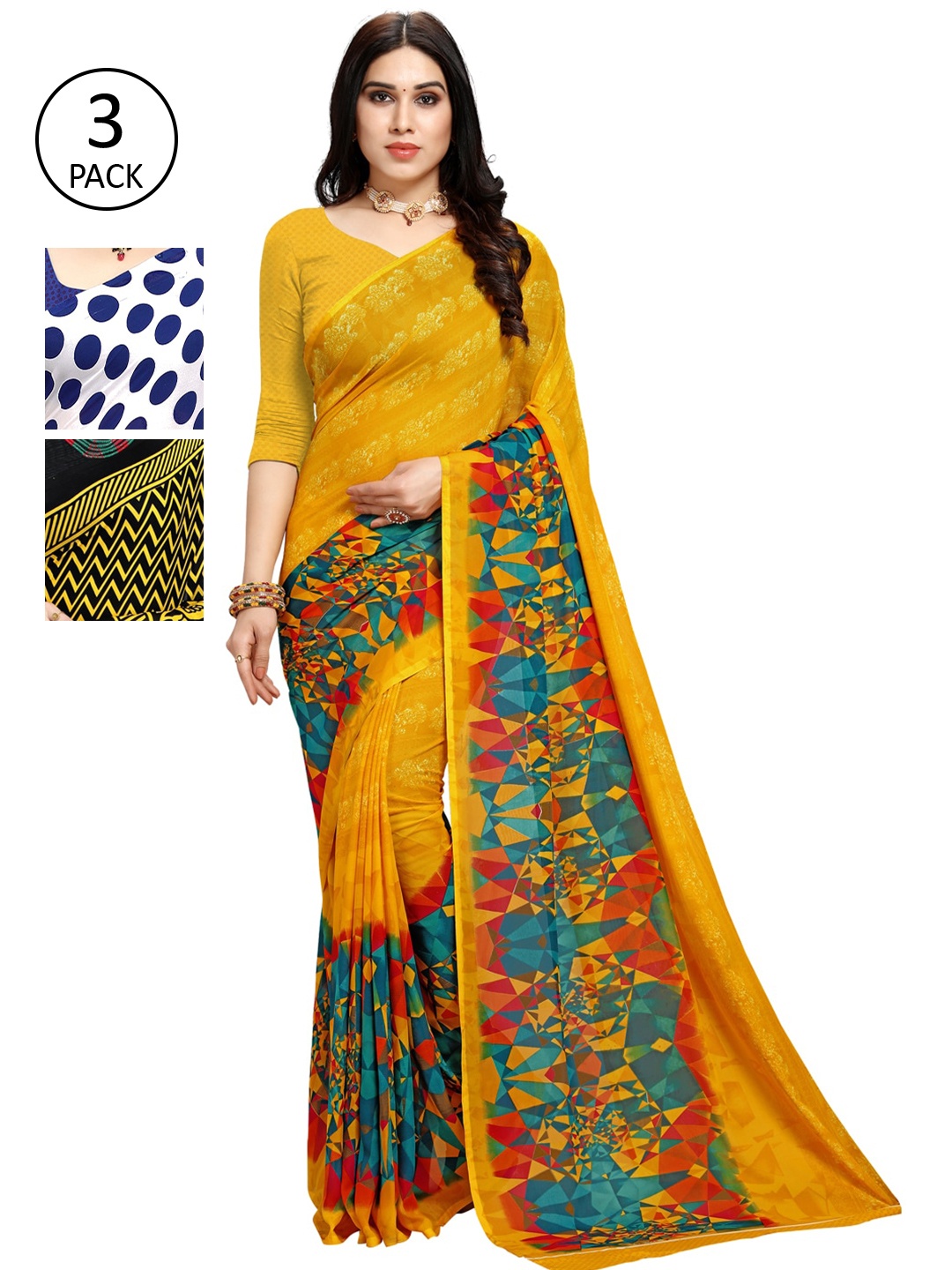 

KALINI Women Pack of 3 Printed Sarees, White