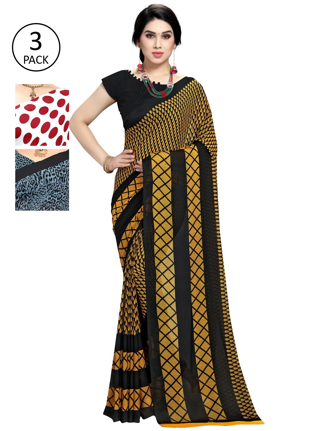 

KALINI Pack Of 3 Printed Sarees, White
