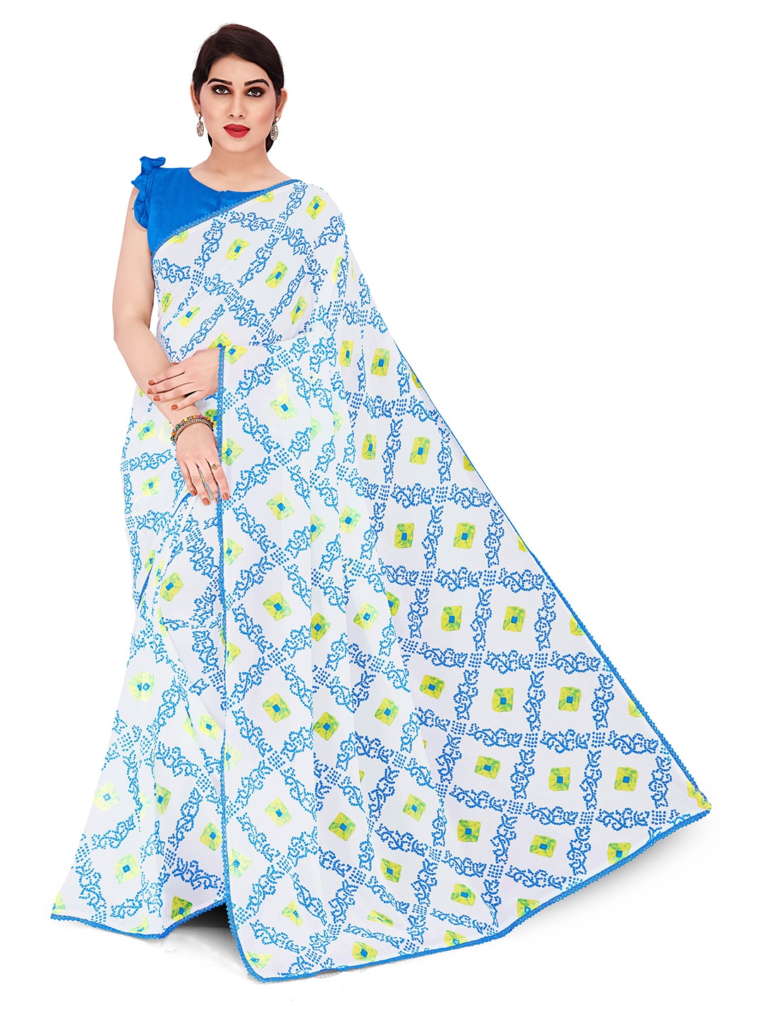 

KALINI White & Blue Bandhani Poly Georgette Saree