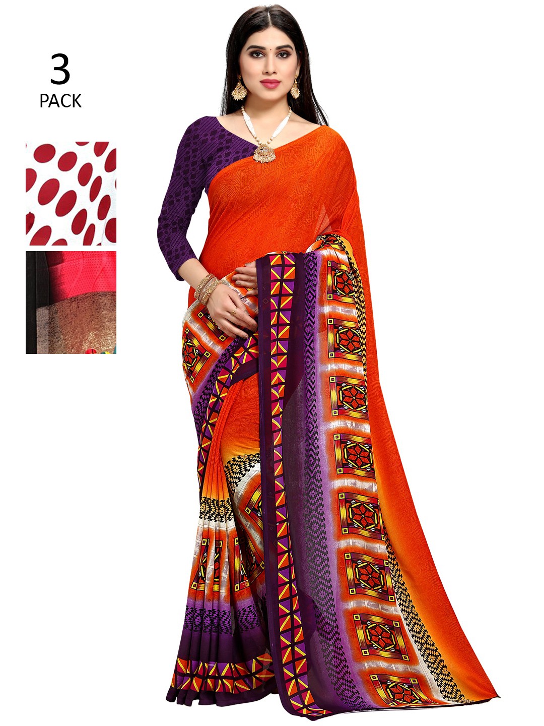 

KALINI Pack of 3 Poly Georgette Sarees, White