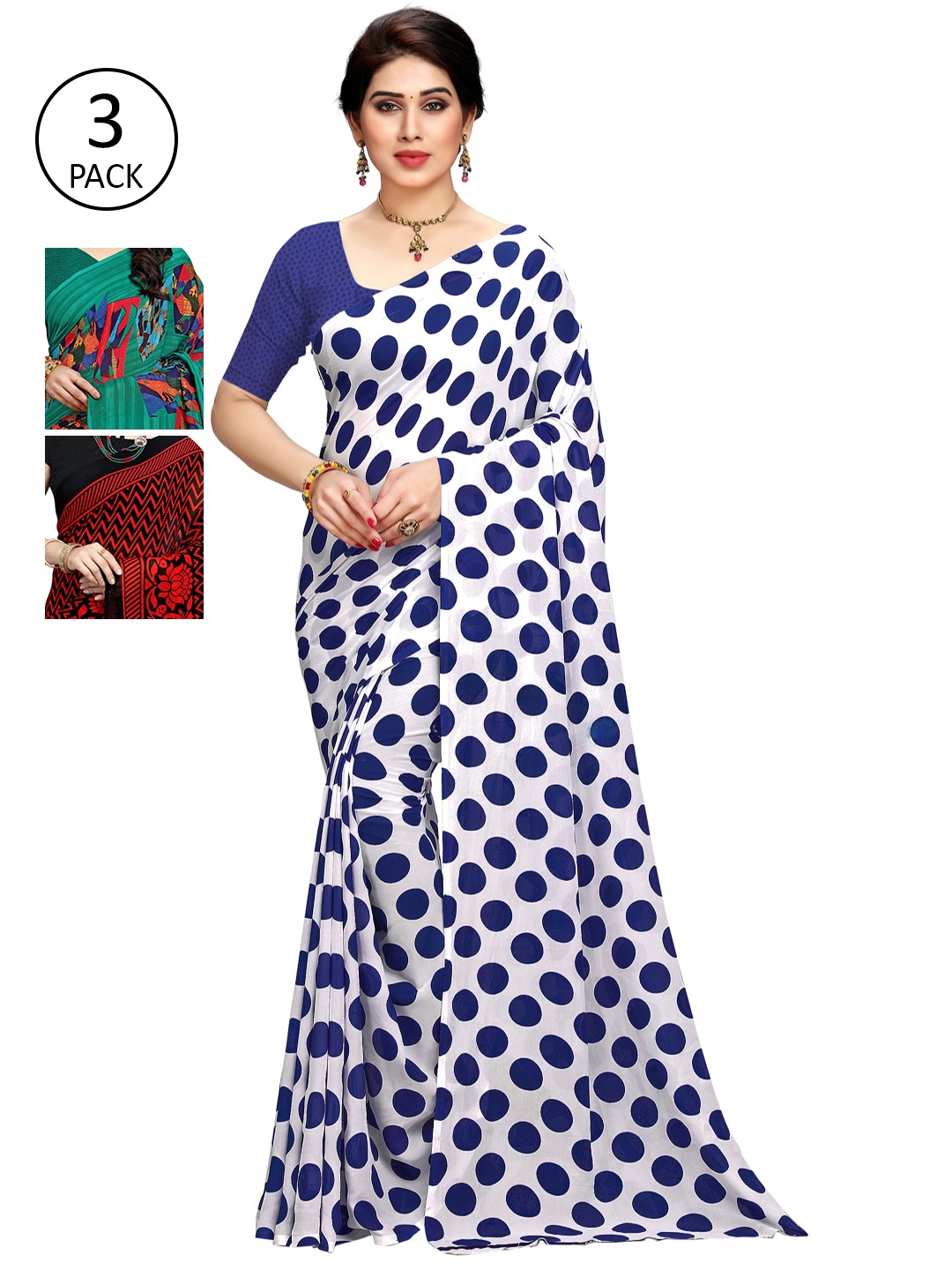 

KALINI Pack of 3 Printed Sarees with Unstitched Blouse Pieces, Multi