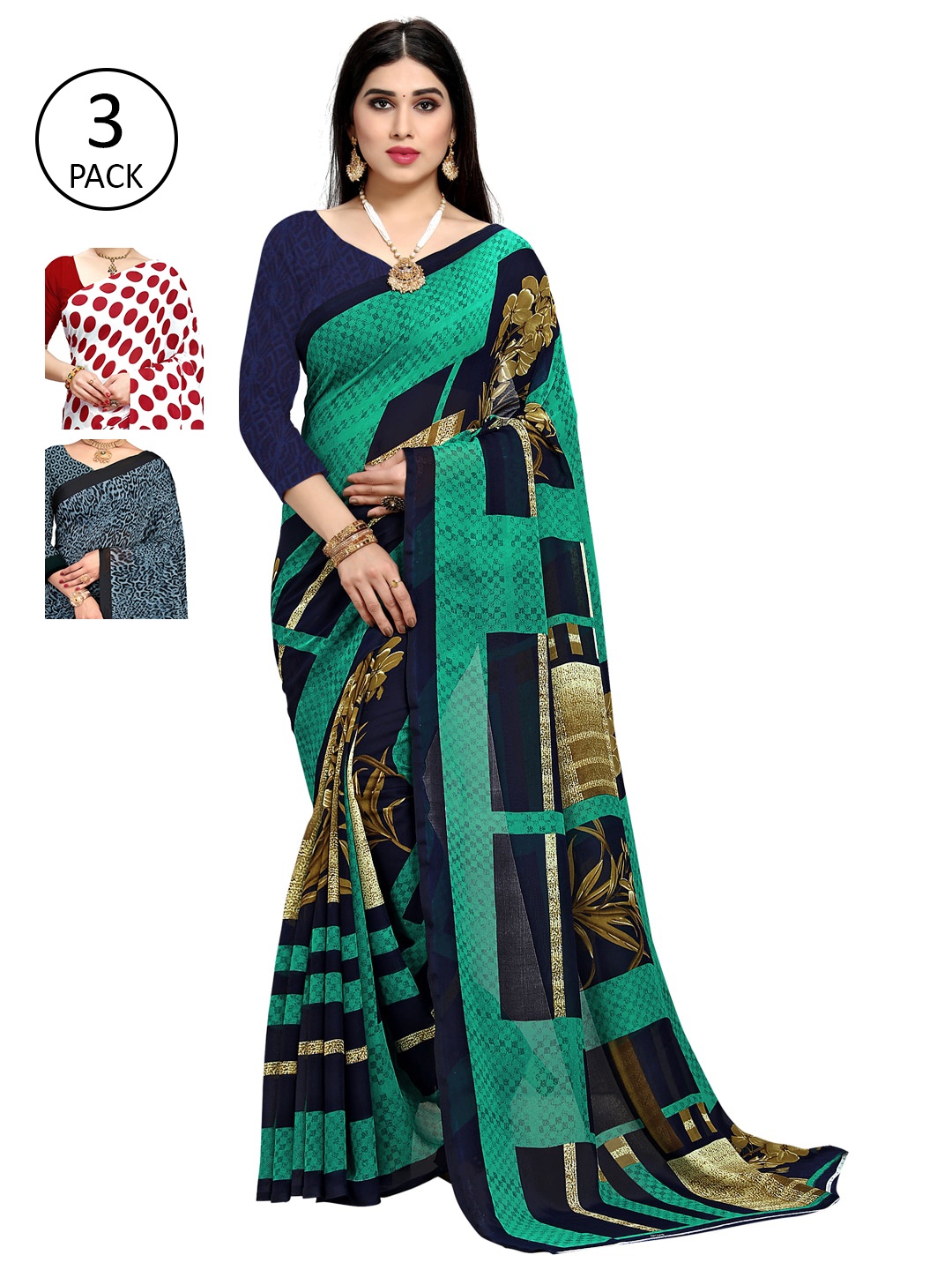 

KALINI Pack of 3 Poly Georgette Sarees, Green