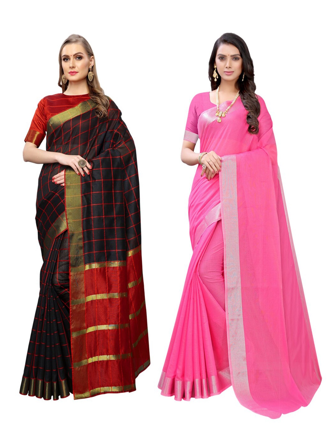 

KALINI Pack Of 2 Black & Pink Checked Zari Sarees
