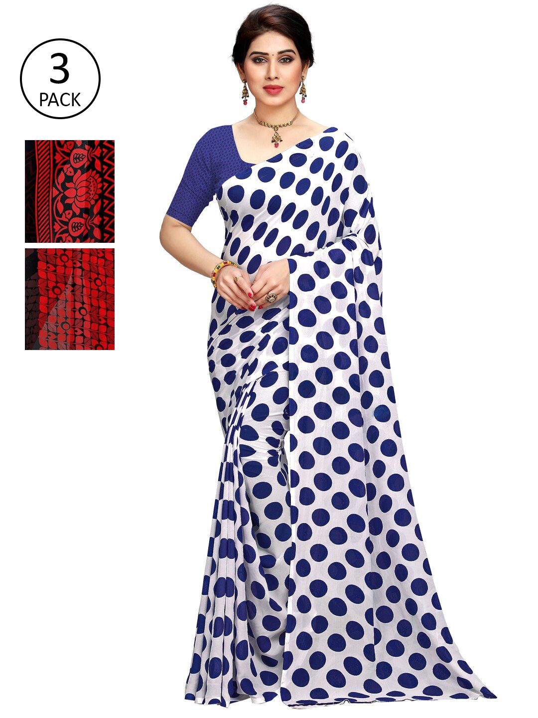 

KALINI Pack Of 3 White & Red & Black Printed Sarees