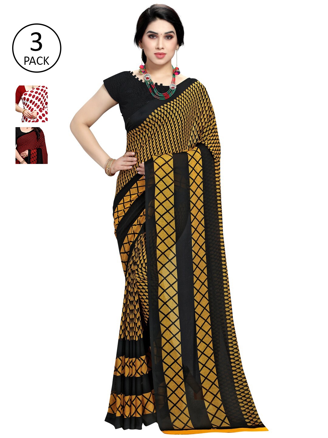 

KALINI Pack of 3 Poly Georgette Printed Sarees, White