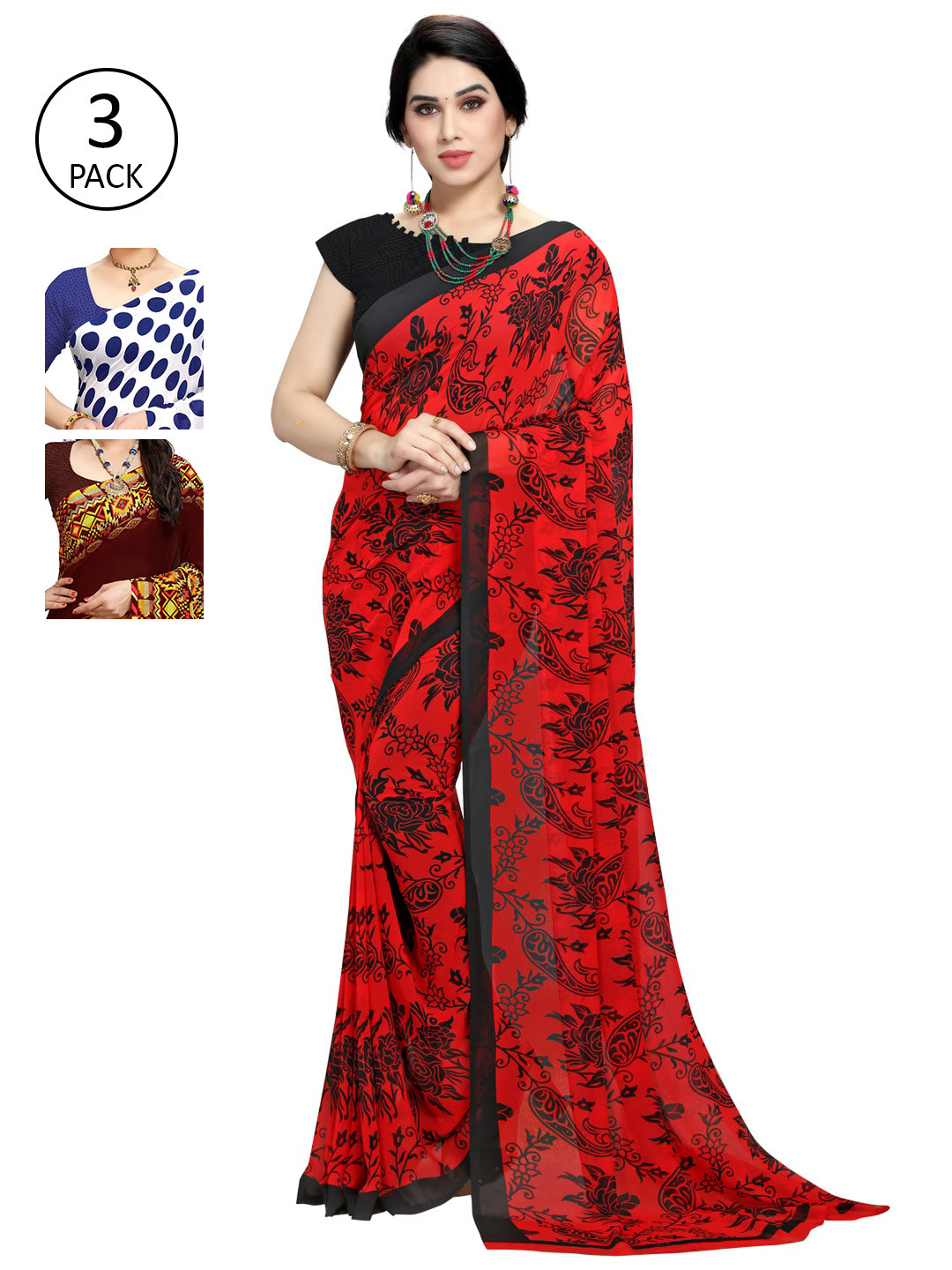 

KALINI Women Pack of 3 Printed Sarees, White