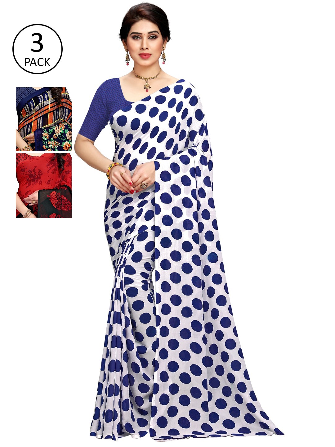

KALINI Pack of 3 Printed Sarees with Unstitched Blouse Pieces, Multi