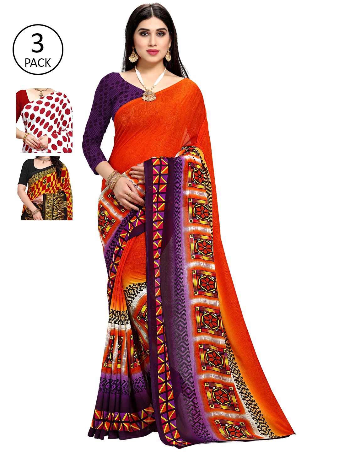 

KALINI Set Of 3 Multicoloured Poly Georgette Printed Sarees, Multi