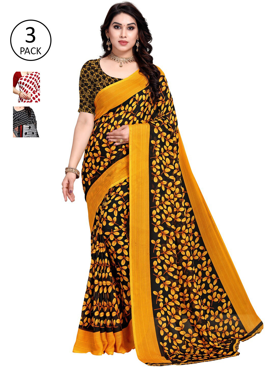 

KALINI Pack Of 3 Printed Poly Georgette Saree, Red