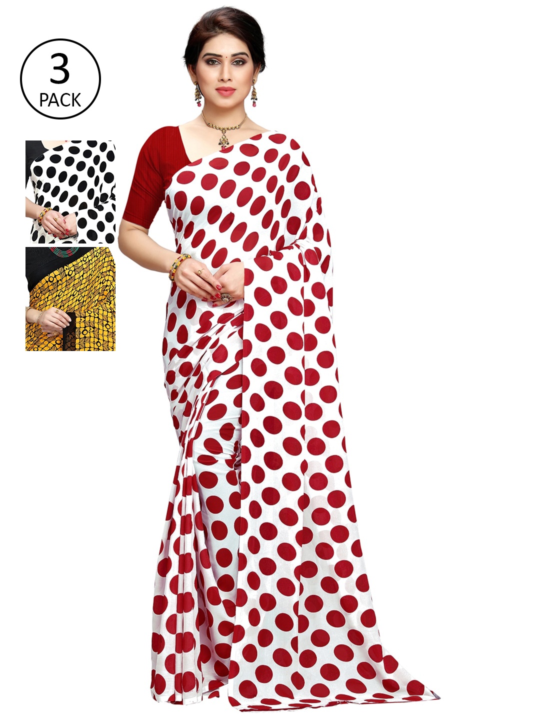 

KALINI Set of 3 Red, Yellow & Black Printed Sarees