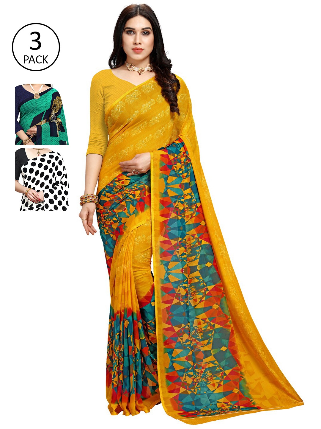 

KALINI Pack of 3 Poly Georgette Printed Sarees, Black