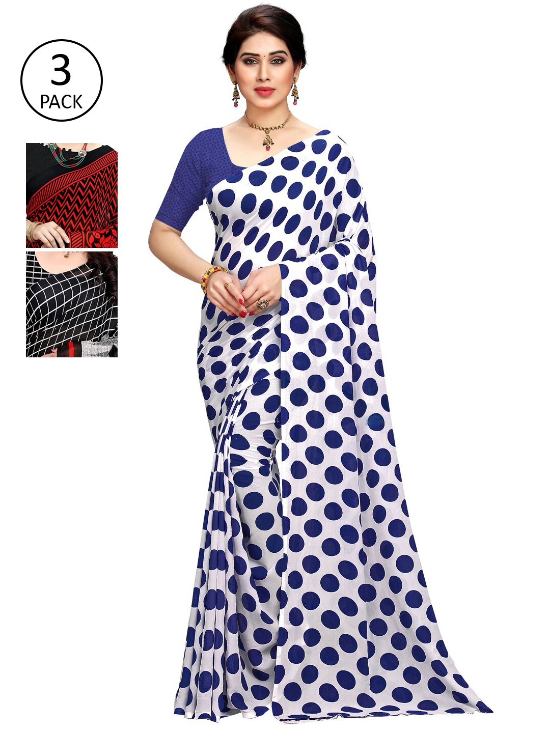 

KALINI Pack Of 3 White & Red & Grey Printed Sarees