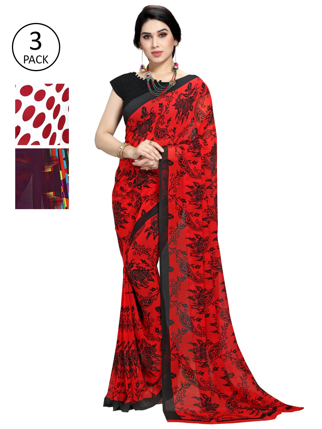 

KALINI Pack of 3 Poly Georgette Sarees, White