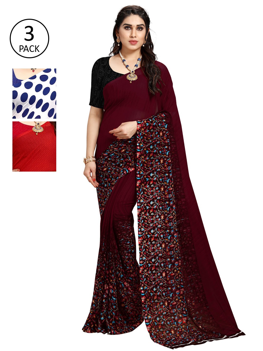 

KALINI Women Pack of 3 Printed Sarees, White