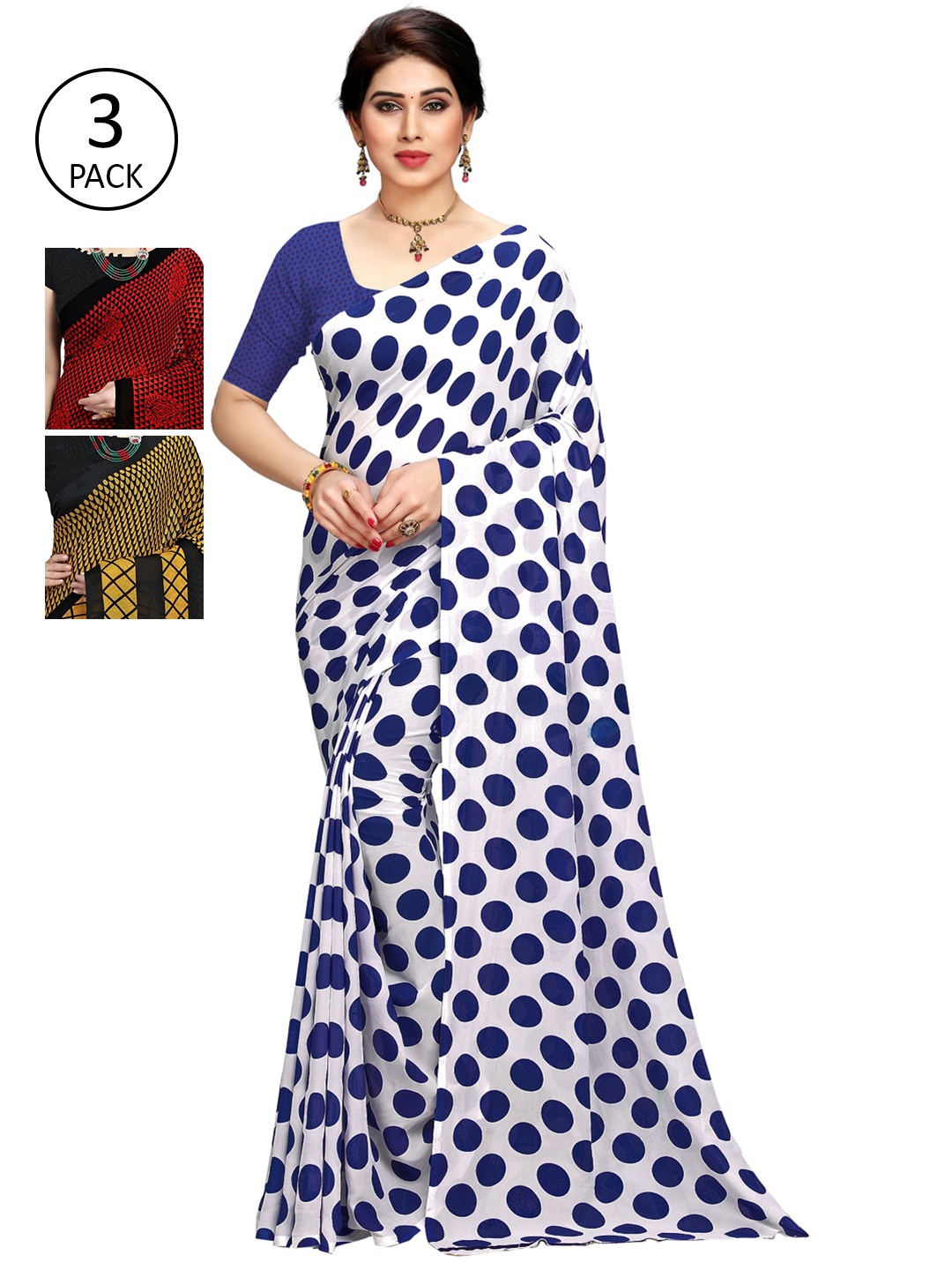 

KALINI Pack Of 3 White & Red & Yellow Printed Sarees